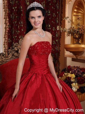 Red Puffy Quinceanera Dress Beading and Ruches Dercorate Bust