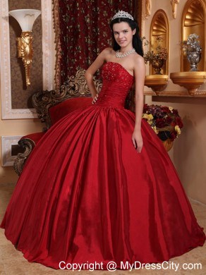 Red Puffy Quinceanera Dress Beading and Ruches Dercorate Bust