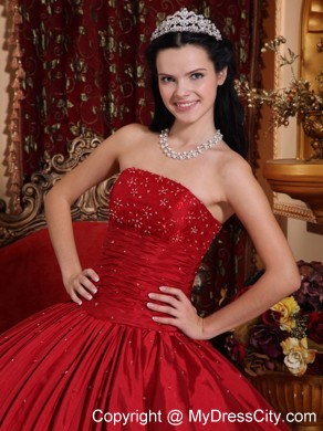 Red Puffy Quinceanera Dress Beading and Ruches Dercorate Bust