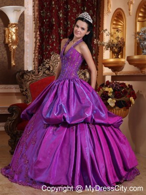 2013 Purple Halter Quinceanera Dress with Appliques for Sweet 16