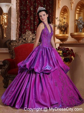 2013 Purple Halter Quinceanera Dress with Appliques for Sweet 16