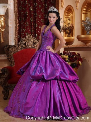 2013 Purple Halter Quinceanera Dress with Appliques for Sweet 16