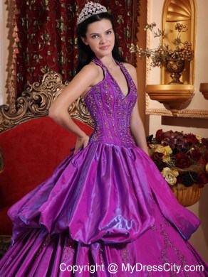 2013 Purple Halter Quinceanera Dress with Appliques for Sweet 16