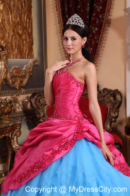 Red and Blue Strapless Appliques and Pick-ups Quinceanera Dress