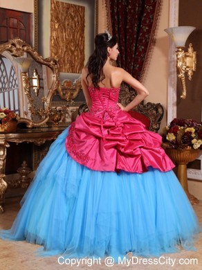 Red and Blue Strapless Appliques and Pick-ups Quinceanera Dress