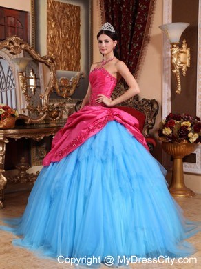 Red and Blue Strapless Appliques and Pick-ups Quinceanera Dress