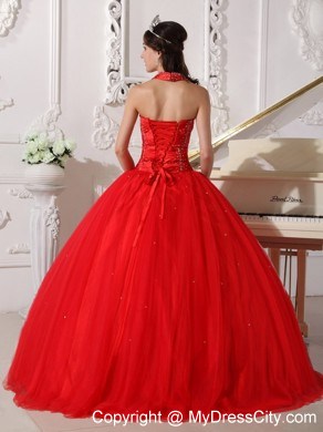 Red Halter Floor-length Tulle Beading 2013 Sweet 15 Dress