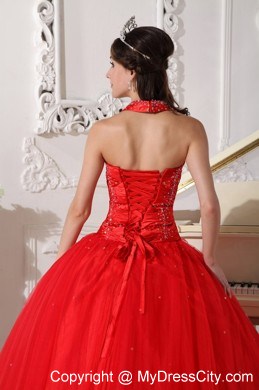 Red Halter Floor-length Tulle Beading 2013 Sweet 15 Dress