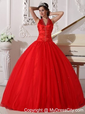 Red Halter Floor-length Tulle Beading 2013 Sweet 15 Dress