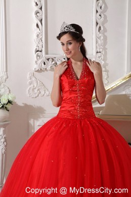 Red Halter Floor-length Tulle Beading 2013 Sweet 15 Dress