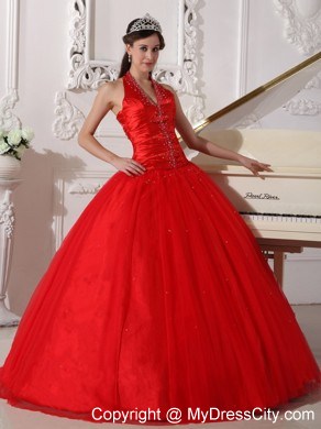 Red Halter Floor-length Tulle Beading 2013 Sweet 15 Dress