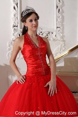 Red Halter Floor-length Tulle Beading 2013 Sweet 15 Dress