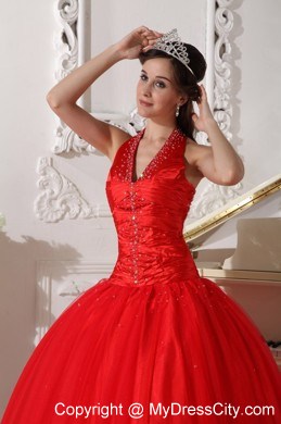 Red Halter Floor-length Tulle Beading 2013 Sweet 15 Dress