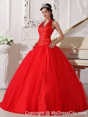 Red Halter Floor-length Tulle Beading 2013 Sweet 15 Dress