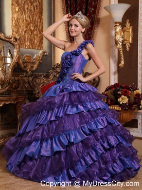 Purple One Shoulder Flowers 2013 Quinceanera Dress with Layers