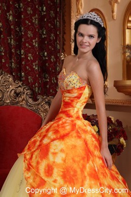 Unique Sweetheart Yellow Printing Quinceanera Dress for Cheap