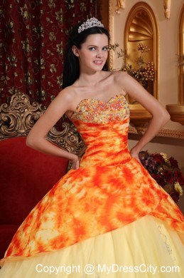 Unique Sweetheart Yellow Printing Quinceanera Dress for Cheap