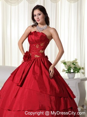 Wine Red Quinceanera Gowns with Taffeta Hand Made Flowers