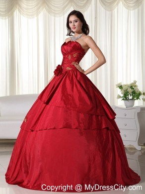 Wine Red Quinceanera Gowns with Taffeta Hand Made Flowers