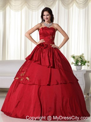 Wine Red Quinceanera Gowns with Taffeta Hand Made Flowers