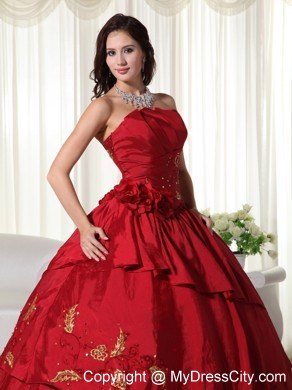 Wine Red Quinceanera Gowns with Taffeta Hand Made Flowers