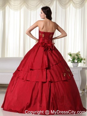 Wine Red Quinceanera Gowns with Taffeta Hand Made Flowers