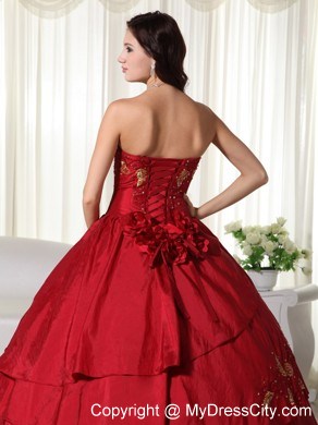 Wine Red Quinceanera Gowns with Taffeta Hand Made Flowers