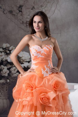 Orange Sweetheart Sweet 15 Dress With Hand Made Flowers