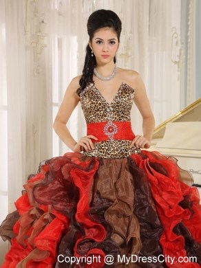 Multi-color Ruffled V-neck Quinceanera Dress with Leopard on Sale