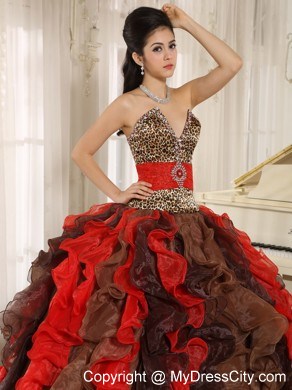 Multi-color Ruffled V-neck Quinceanera Dress with Leopard on Sale