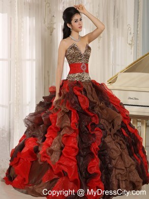 Multi-color Ruffled V-neck Quinceanera Dress with Leopard on Sale