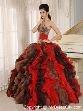 Multi-color Ruffled V-neck Quinceanera Dress with Leopard on Sale