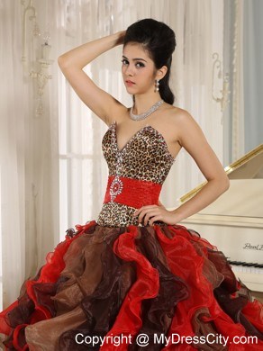 Multi-color Ruffled V-neck Quinceanera Dress with Leopard on Sale