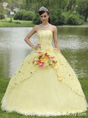 Light Yellow Appliques and Hand Made Flowers Quinceanera Dress