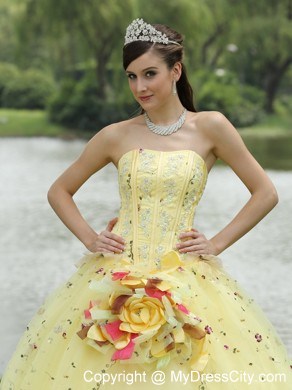 Light Yellow Appliques and Hand Made Flowers Quinceanera Dress