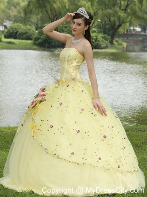 Light Yellow Appliques and Hand Made Flowers Quinceanera Dress