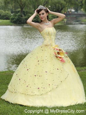 Light Yellow Appliques and Hand Made Flowers Quinceanera Dress