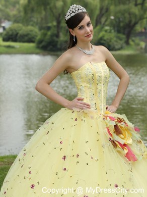 Light Yellow Appliques and Hand Made Flowers Quinceanera Dress