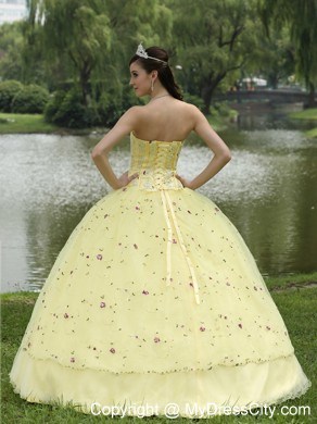 Light Yellow Appliques and Hand Made Flowers Quinceanera Dress