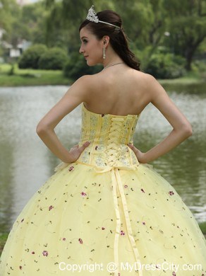 Light Yellow Appliques and Hand Made Flowers Quinceanera Dress