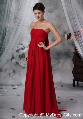 Red Empire Strapless Watteau Chiffon Ruched Prom Evening Dress