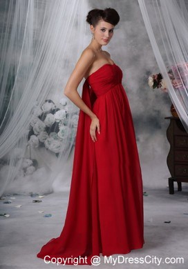 Red Empire Strapless Watteau Chiffon Ruched Prom Evening Dress