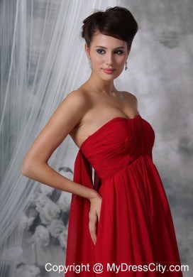 Red Empire Strapless Watteau Chiffon Ruched Prom Evening Dress