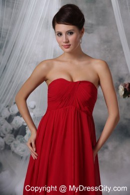 Red Empire Strapless Watteau Chiffon Ruched Prom Evening Dress