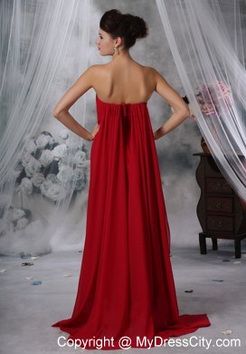 Red Empire Strapless Watteau Chiffon Ruched Prom Evening Dress