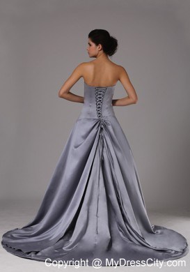 Strapless A-Line Brush Train Ruched Evening Formal Gowns