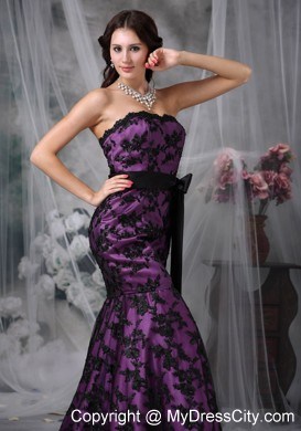 Black and Purple Sash Mermaid Court Train Lace Evening Dress