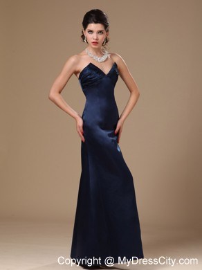 Navy Blue Satin Column V-neck Formal Evening Prom Gowns