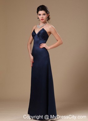 Navy Blue Satin Column V-neck Formal Evening Prom Gowns