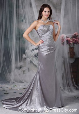 Grey Column Strapless Court Train Beading Evening Formal Gowns